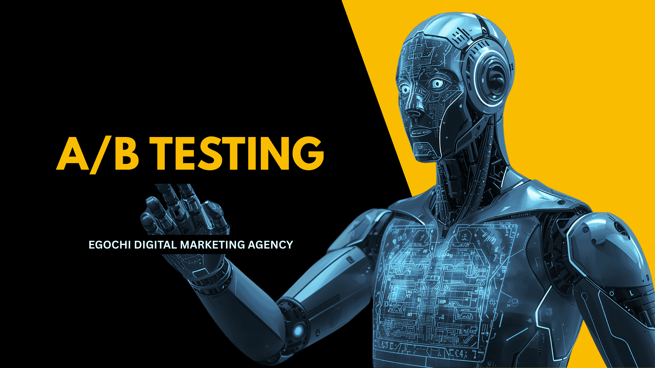 A/B Testing cover with the title in gold on black and a chrome humanoid robot holding out an open palm against a yellow panel