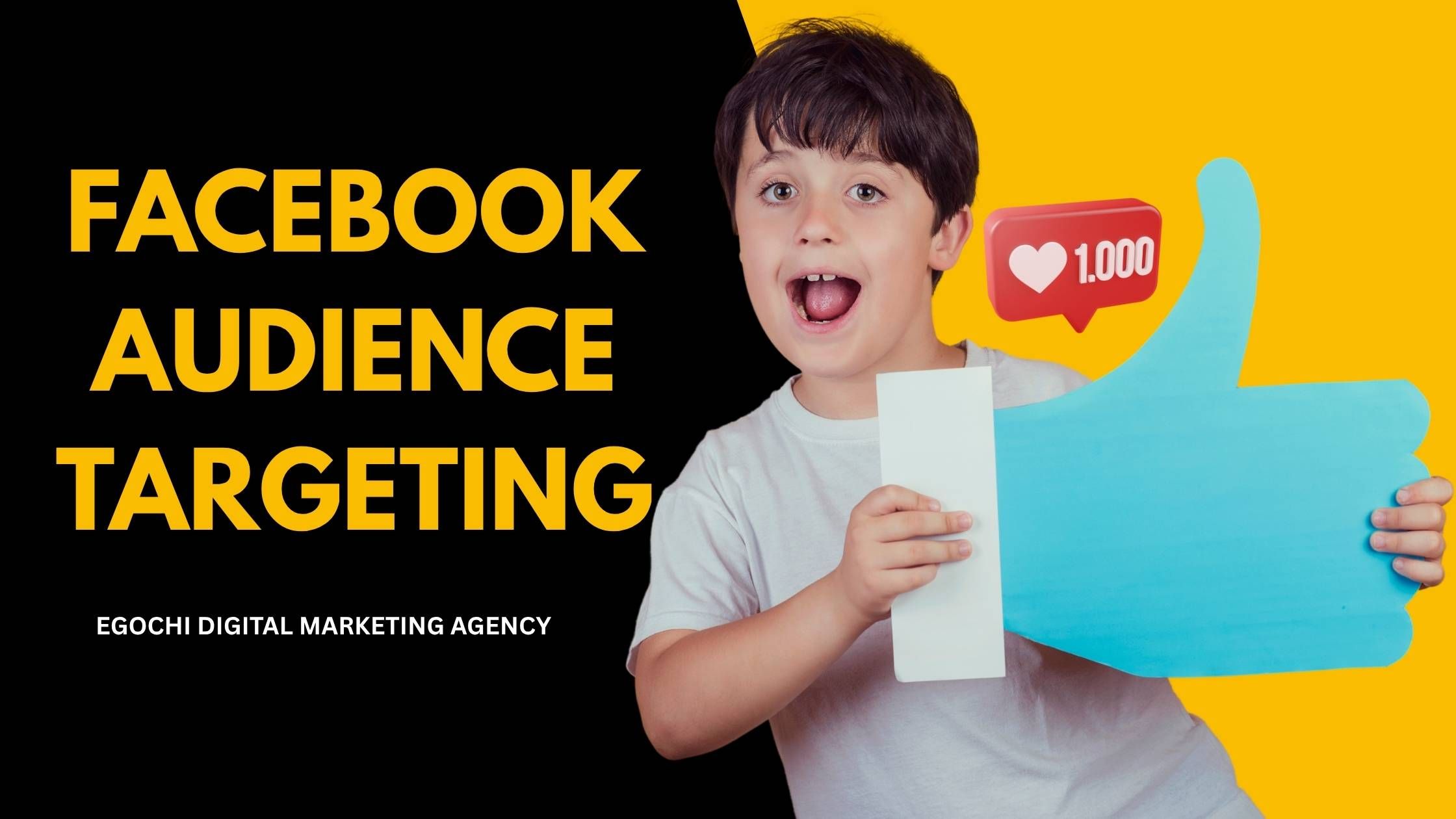 Facebook Audience Targeting cover with the title in gold on black and a boy holding a giant blue thumbs-up with a heart counter against a yellow panel