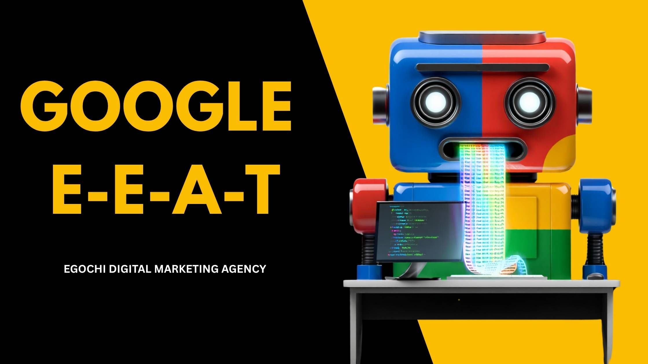 Google E-E-A-T cover with the title in gold on black and a toy robot in Google colors reading at a desk