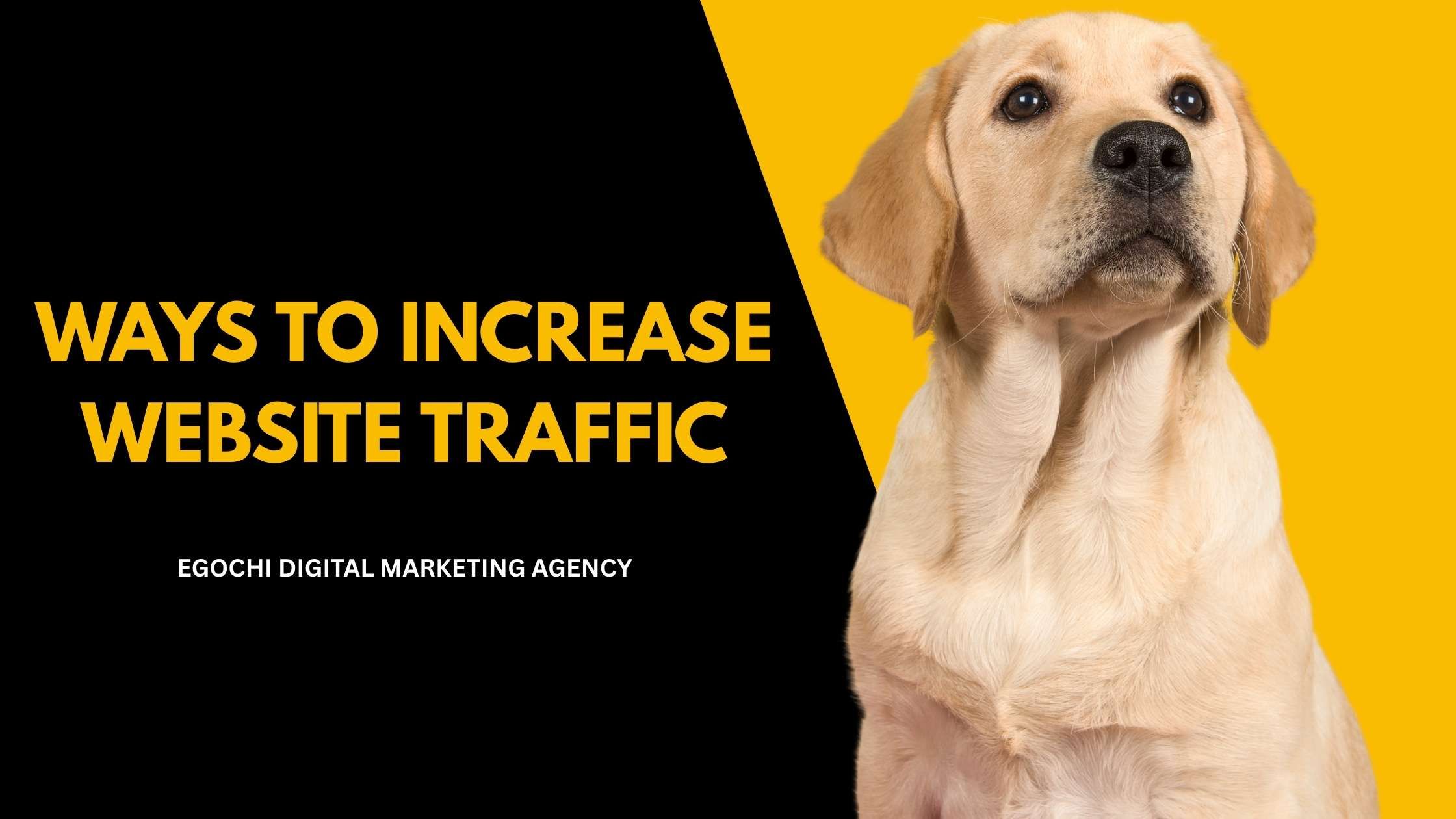 Ways to Increase Website Traffic cover with the title in gold on black and a Labrador puppy looking up against a yellow panel
