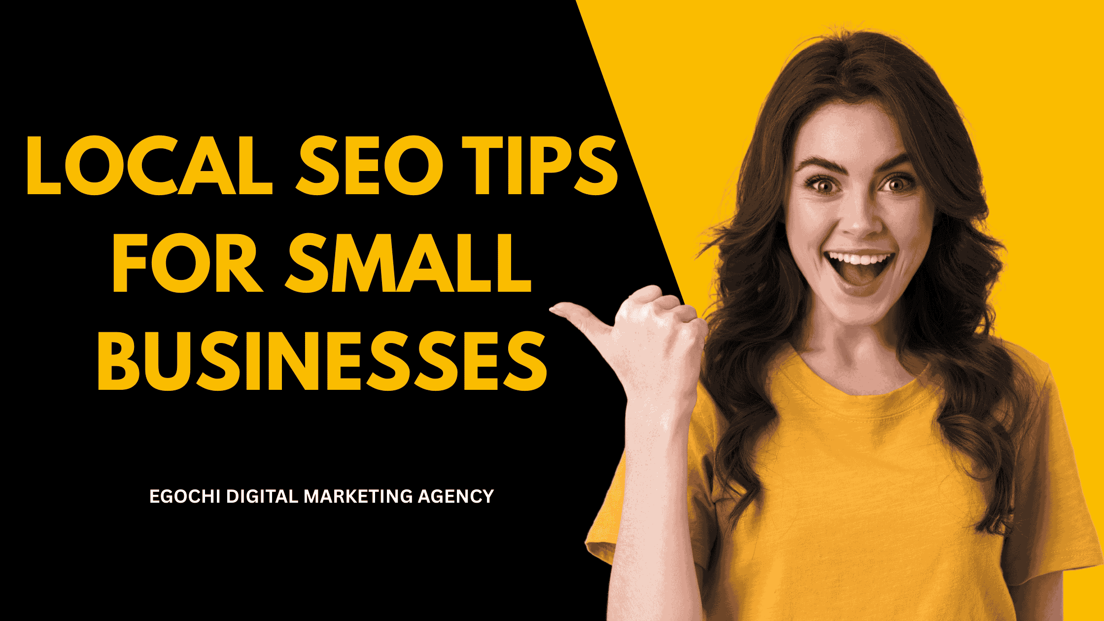 Local SEO Tips for Small Businesses cover with the title in gold on black and an excited woman in a gold shirt pointing a thumb at the title