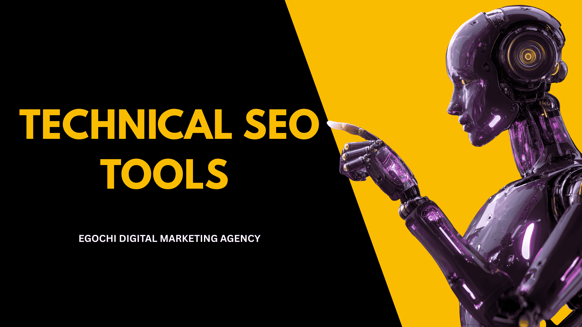 Technical SEO Tools cover with the title in gold on black and a chrome robot pointing a finger against a yellow panel