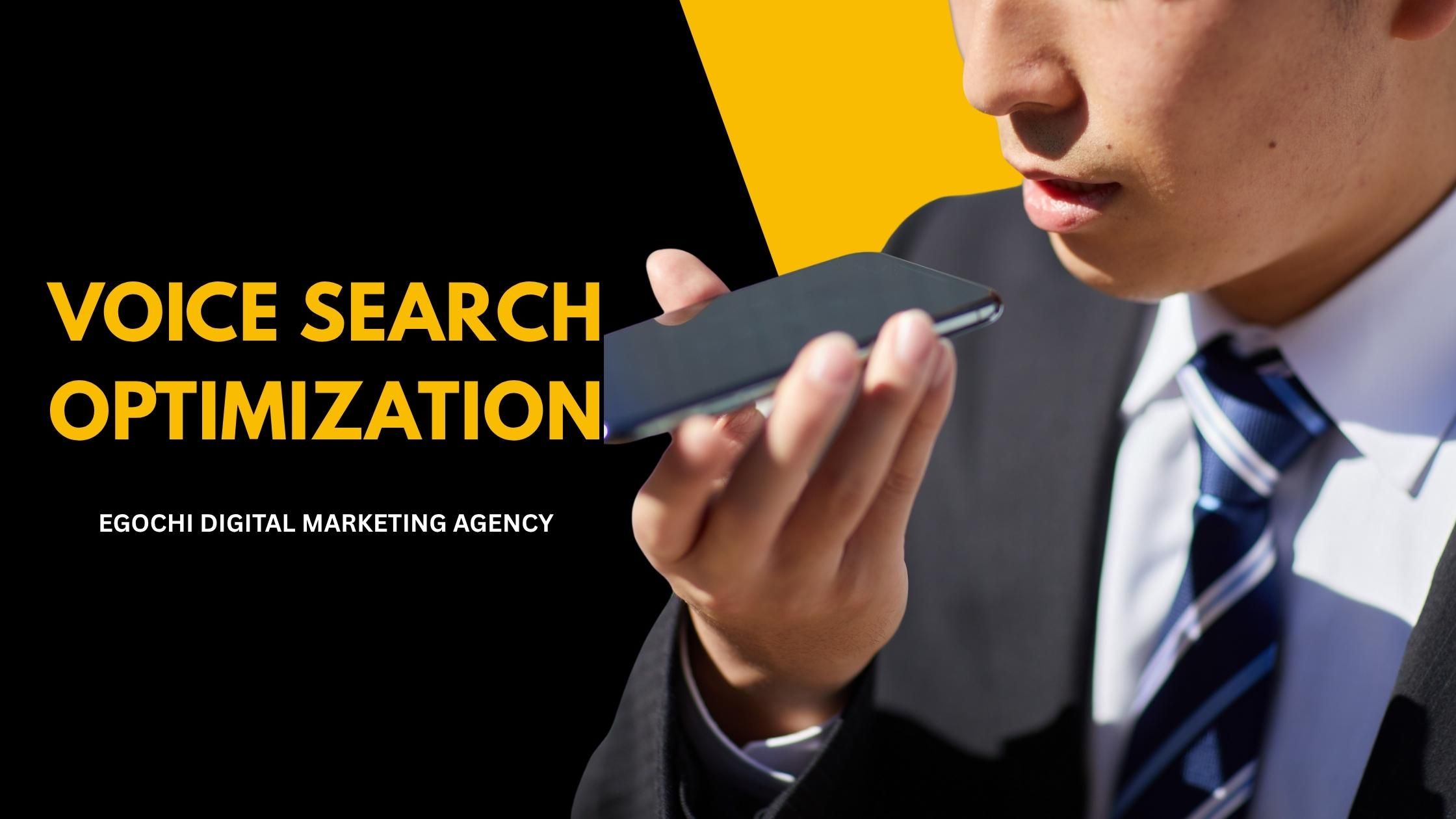 Voice search cover with gold lettering on black and a man in a suit and striped tie speaking into a smartphone held flat near his mouth