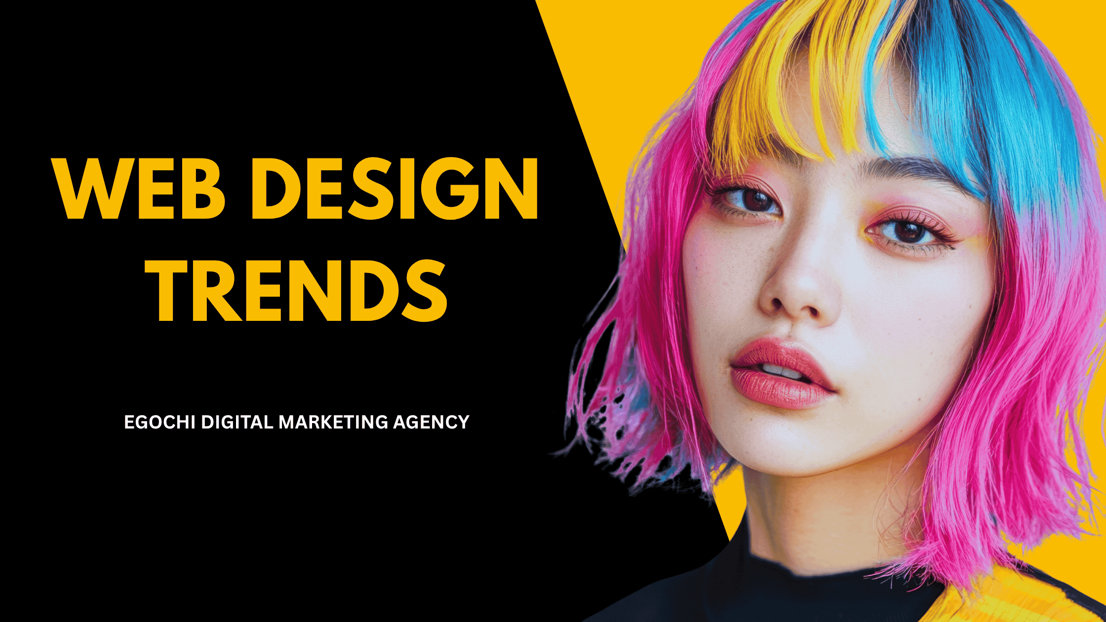 Web Design Trends cover with the title in gold on black and a model with pink, yellow, and blue hair against a yellow panel