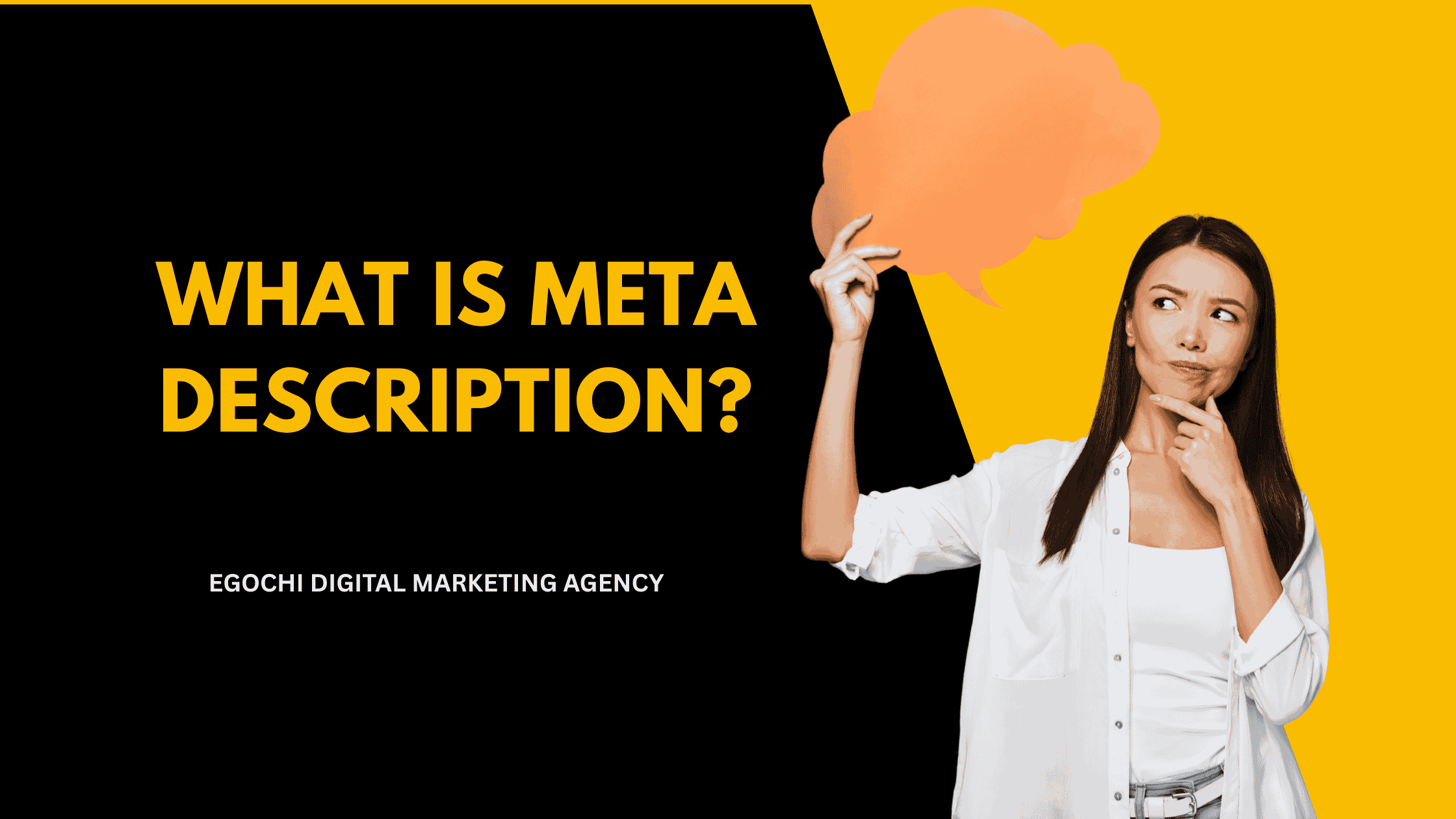 What Is Meta Description cover with the question in gold on black and a woman holding an orange speech bubble against a yellow panel