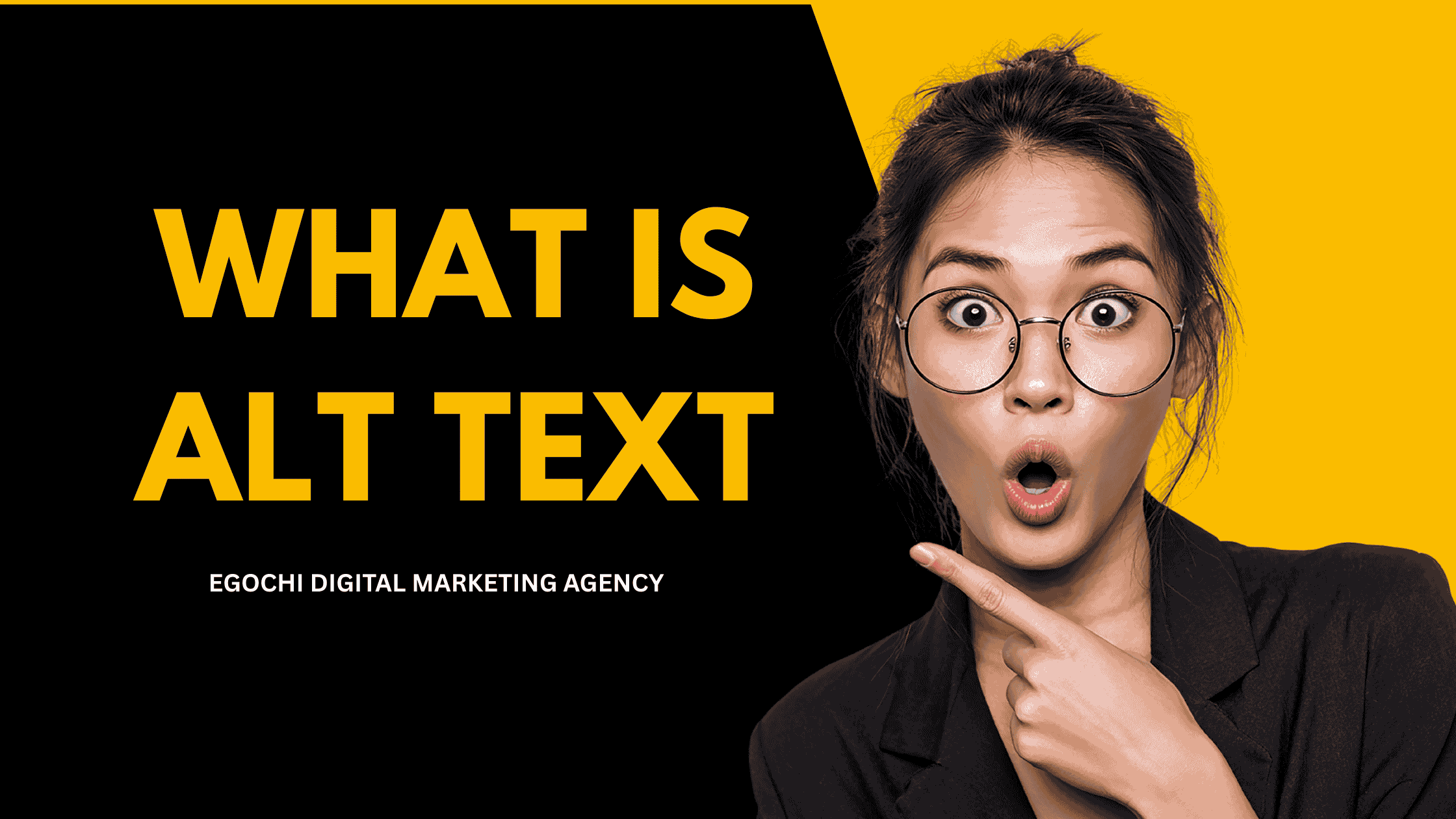 What Is Alt Text cover with the question in gold on black and a surprised woman in glasses pointing at the title against a yellow panel