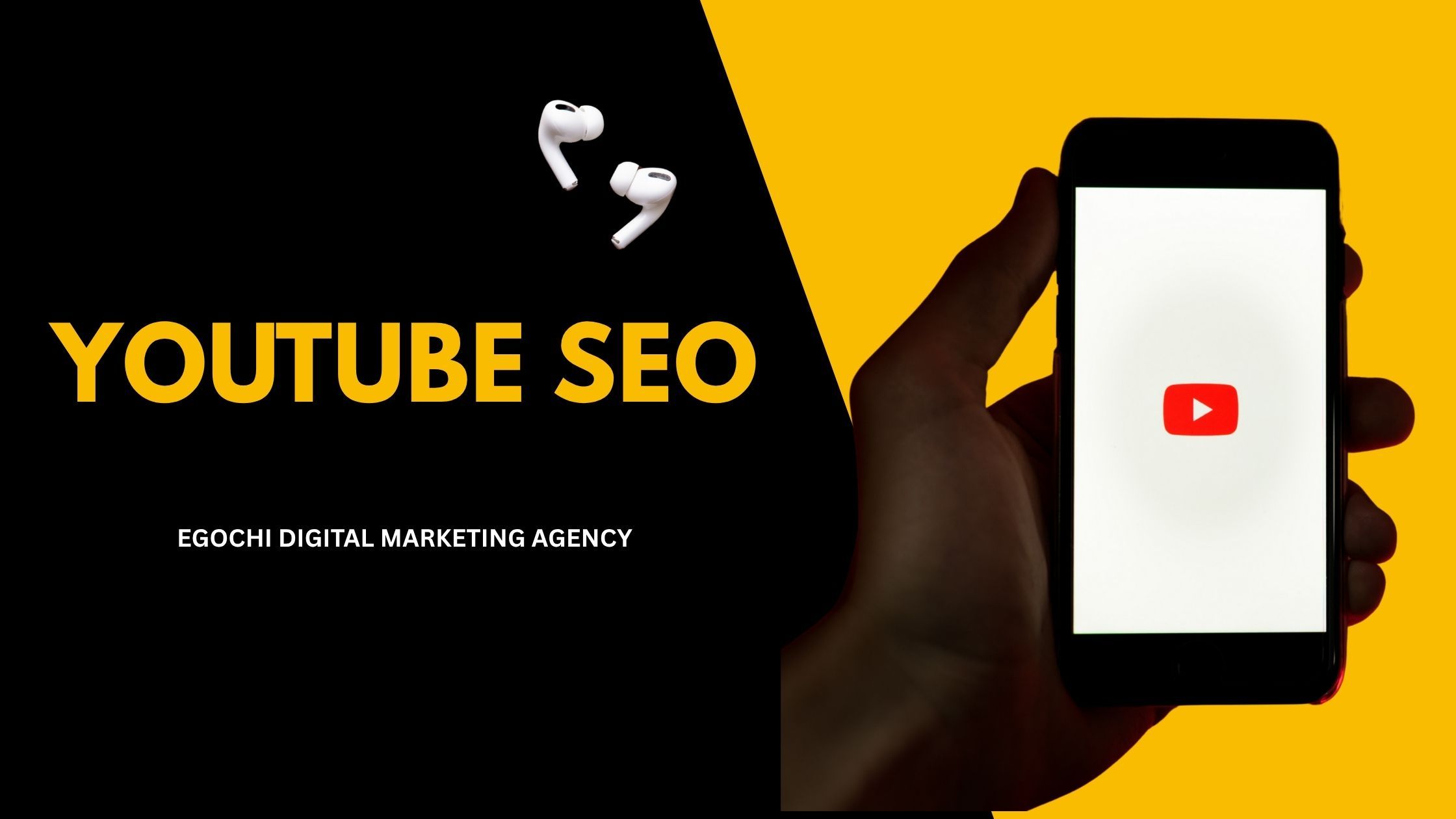 YouTube SEO cover with the title in gold on black and a hand holding a phone showing the YouTube logo beside a pair of white earbuds